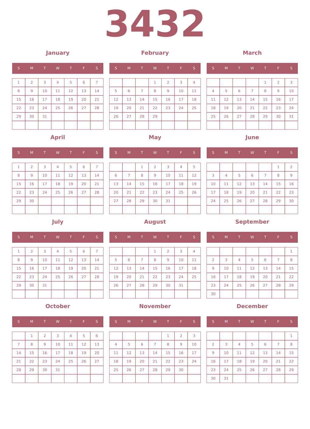 Printable 3432 Year Calendars puce
