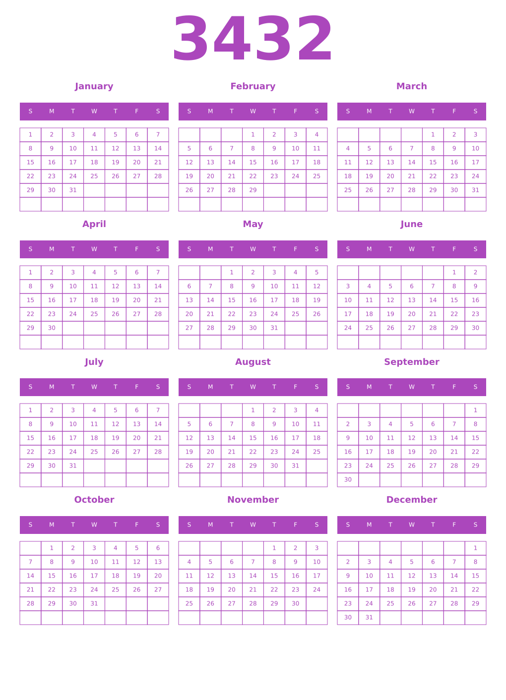 Printable 3432 Year Calendars purple