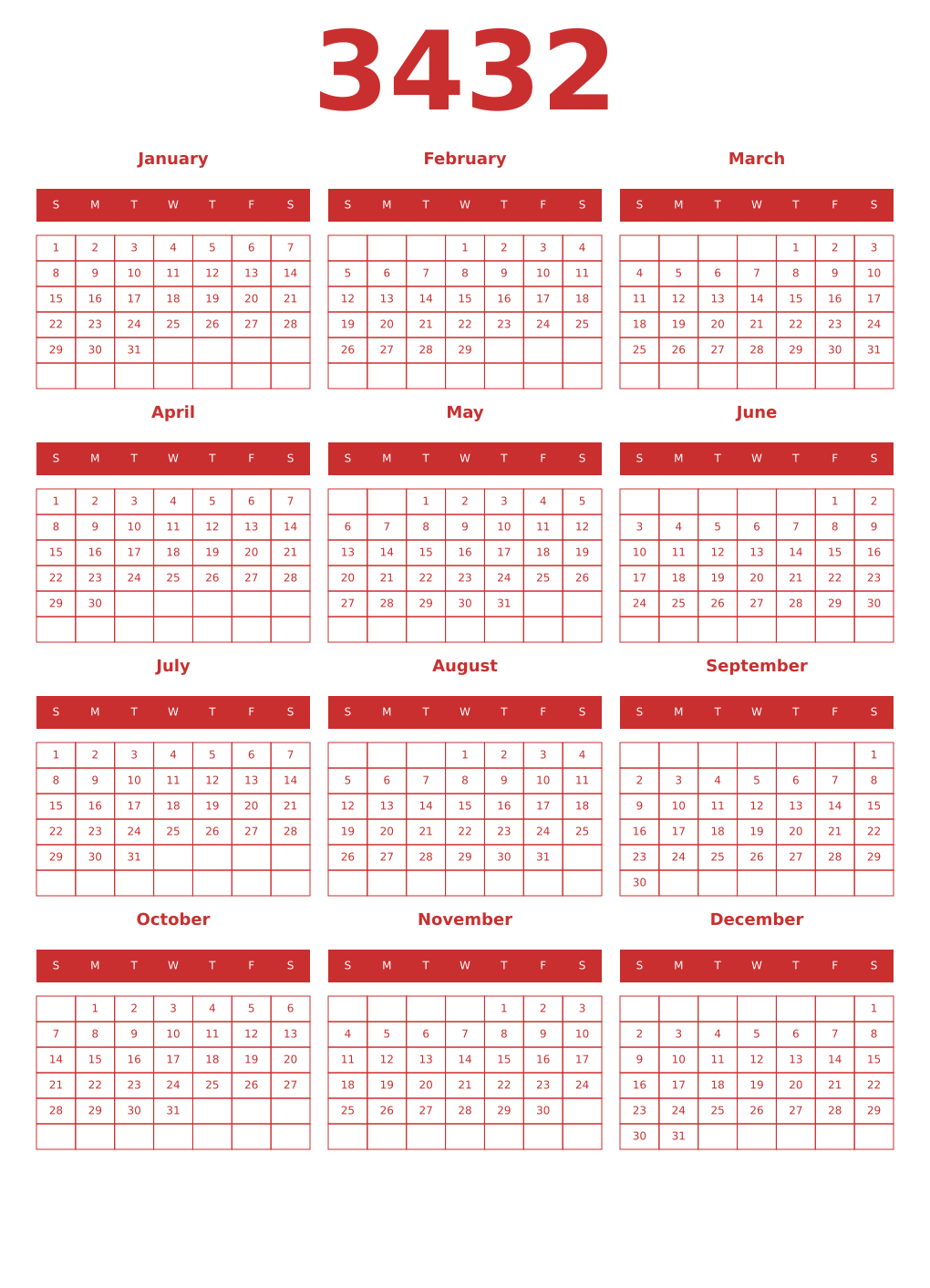 Printable 3432 Year Calendars red