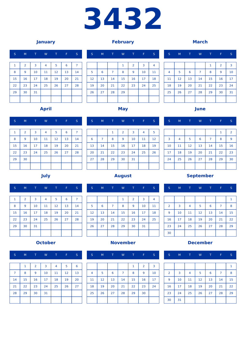 Printable 3432 Year Calendars smalt