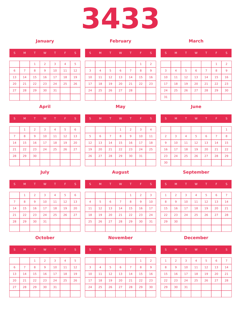 Printable 3433 Year Calendars amaranth