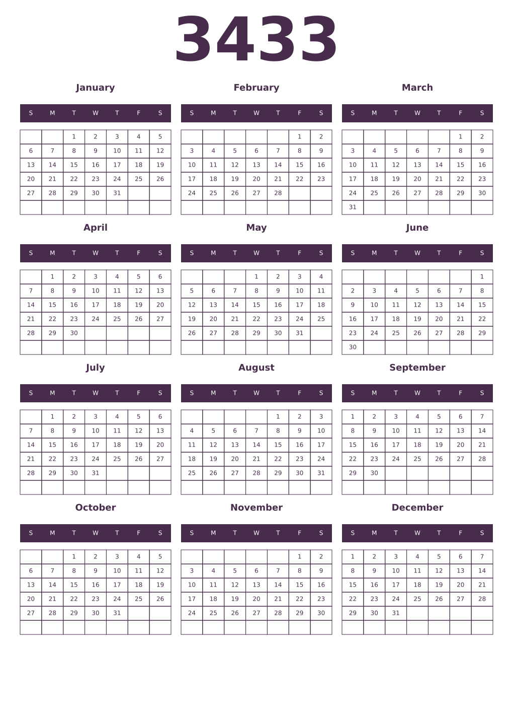Printable 3433 Year Calendars aubergine