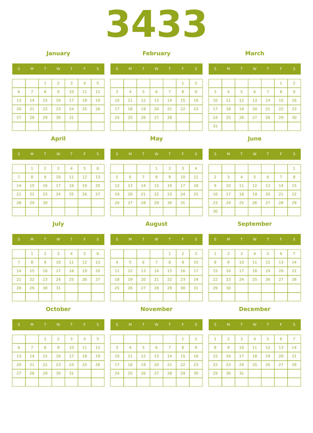 Printable 3433 Year Calendars chartreuse