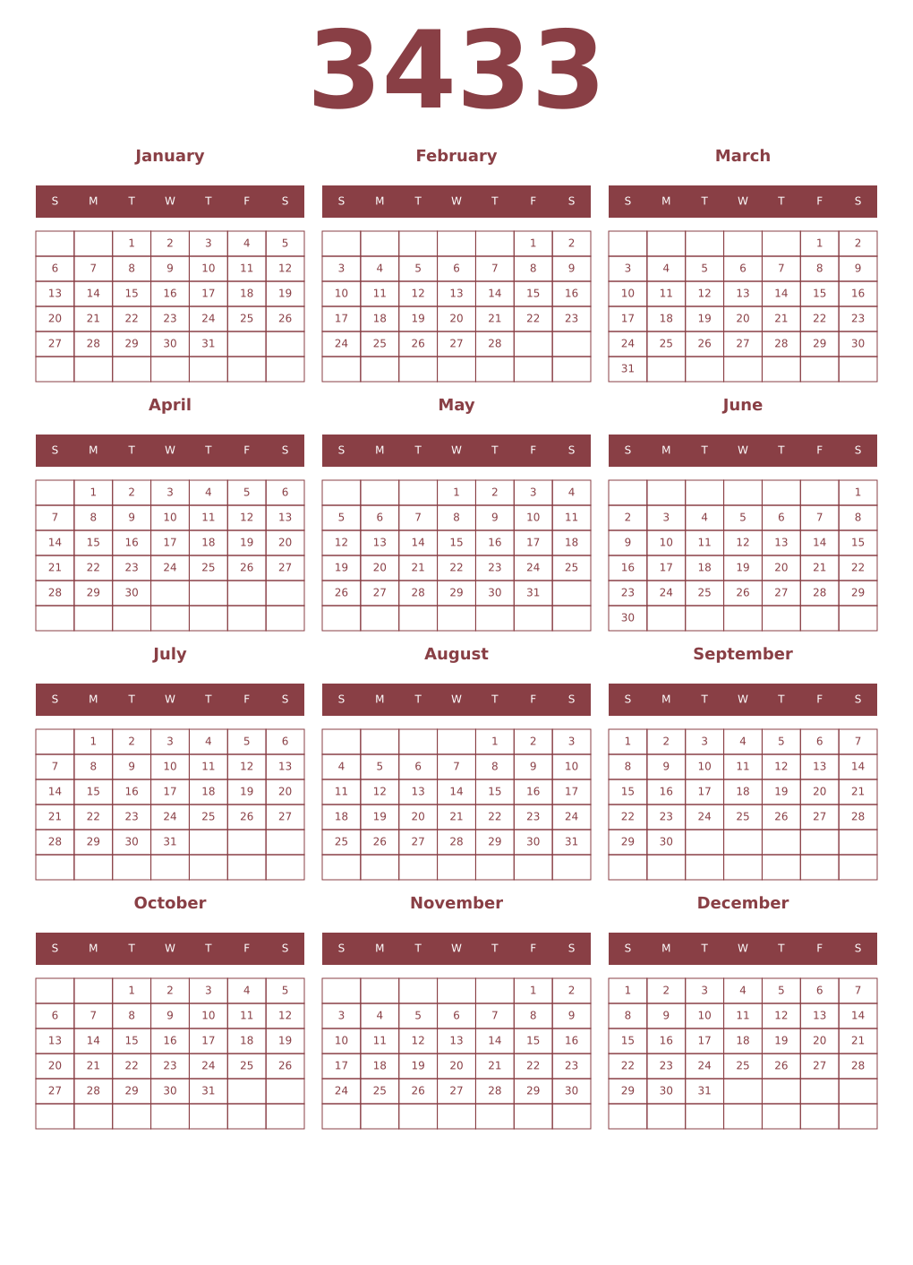 Printable 3433 Year Calendars cordovan