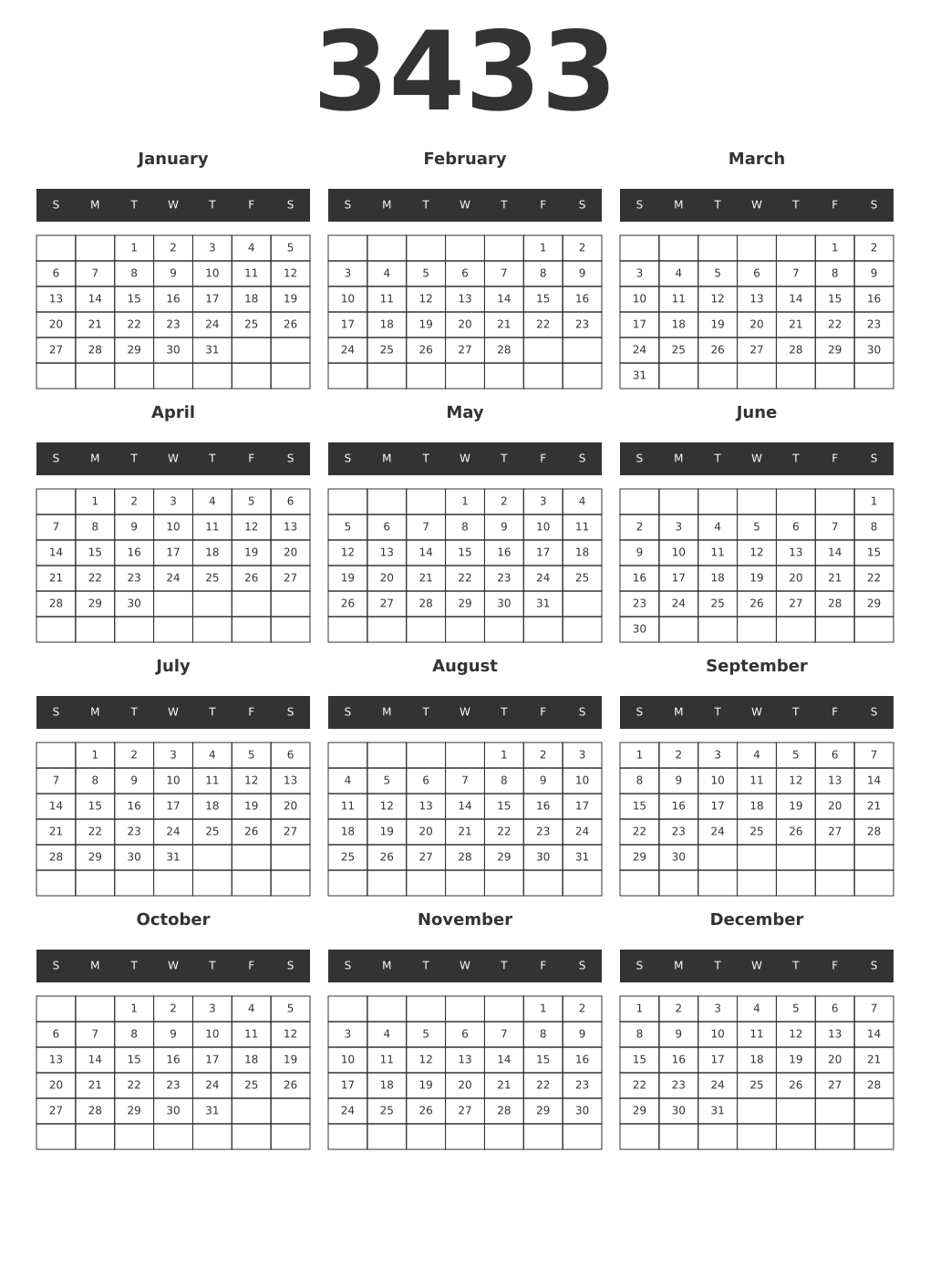 Printable 3433 Year Calendars dark