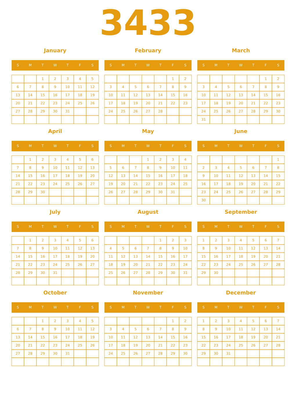 Printable 3433 Year Calendars gamboge