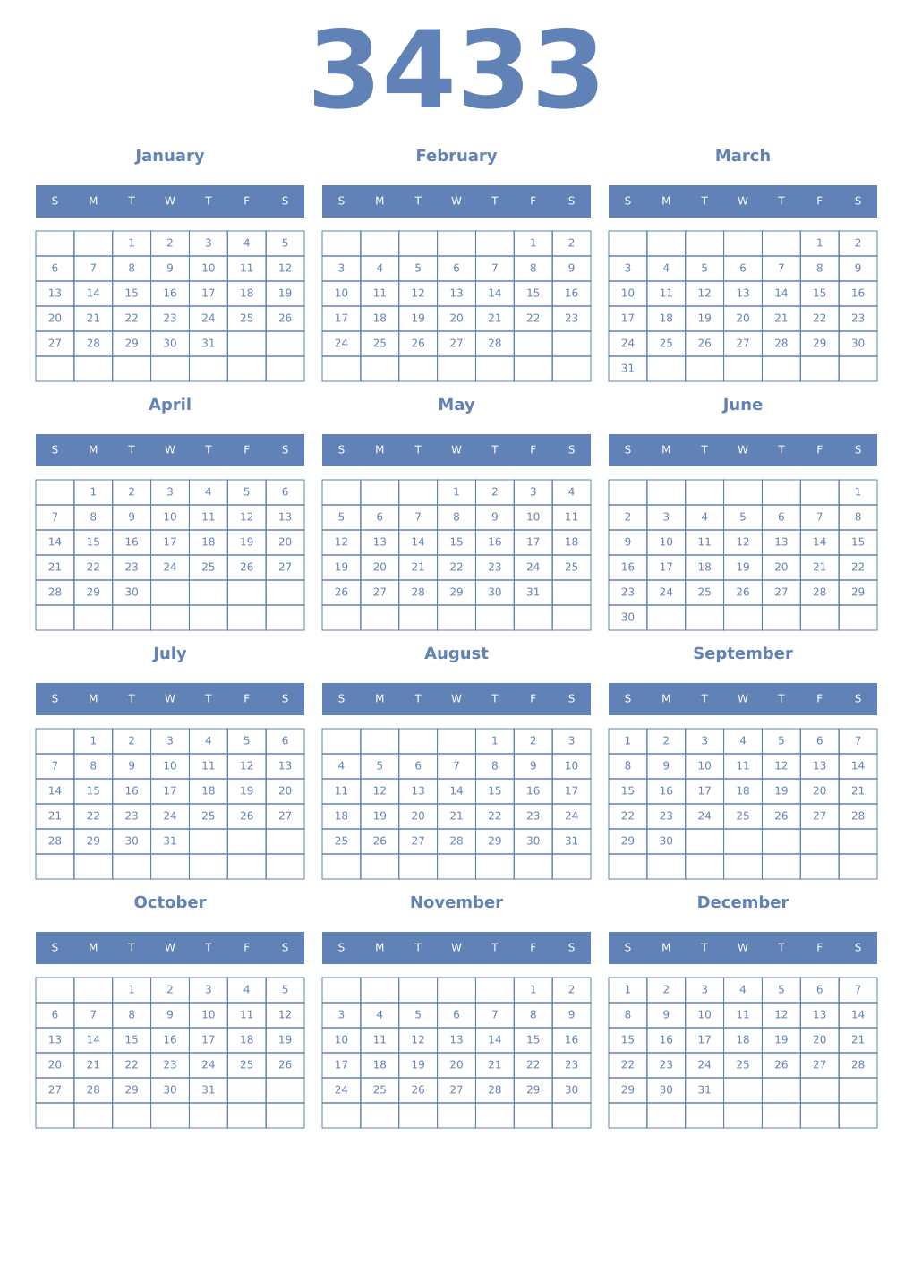 Printable 3433 Year Calendars glaucous