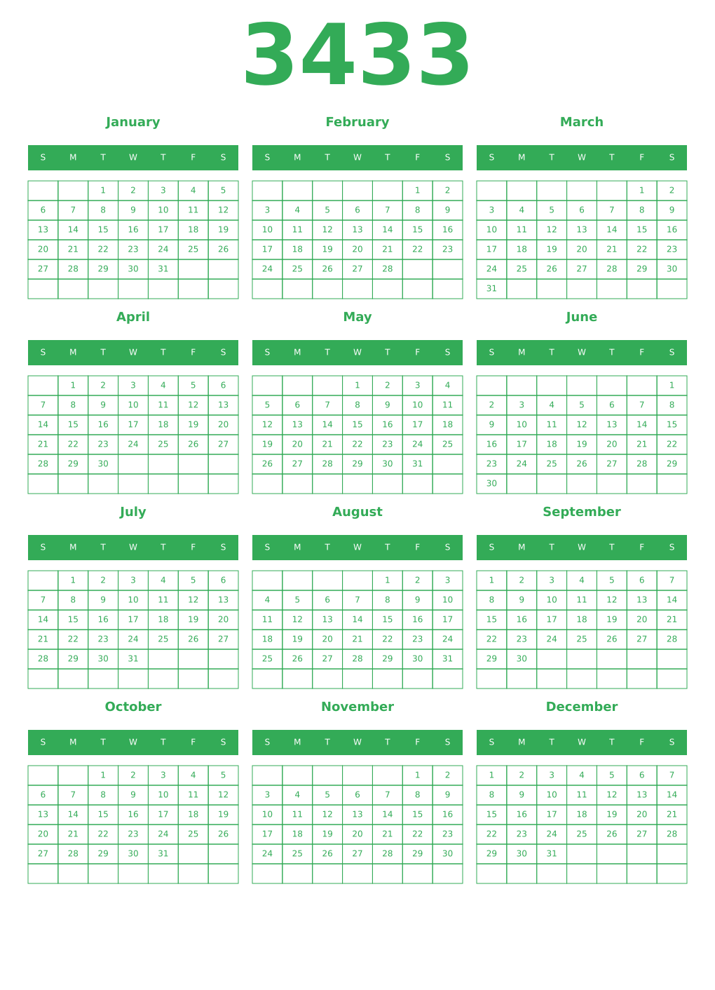 Printable 3433 Year Calendars green