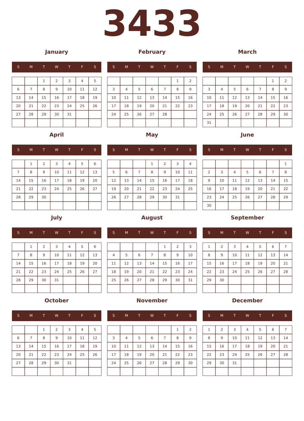 Printable 3433 Year Calendars mortuum