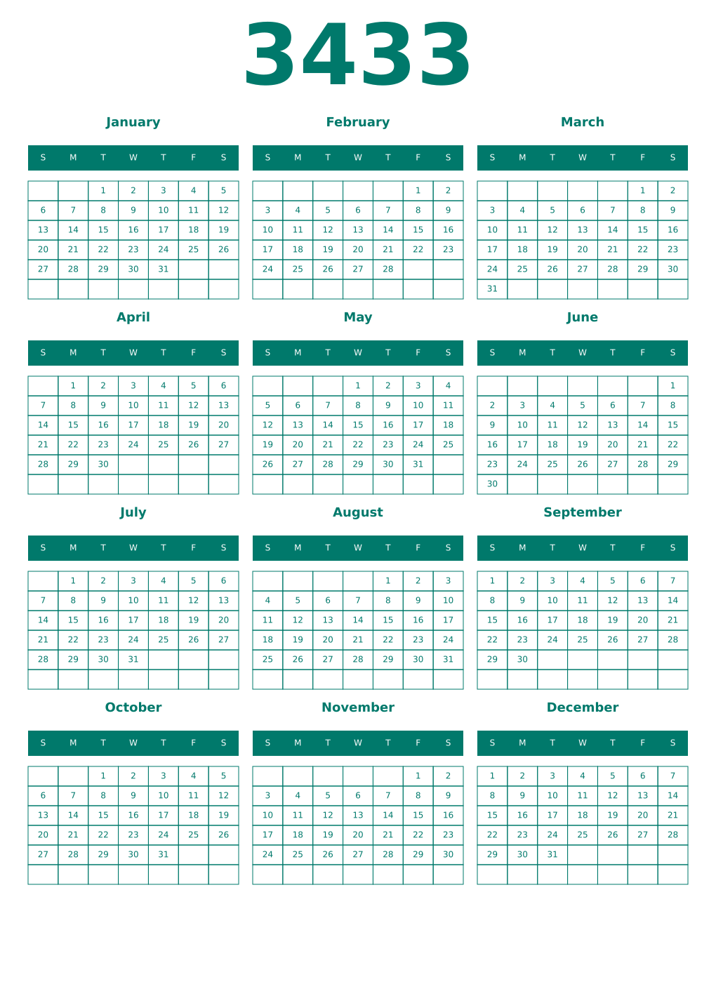 Printable 3433 Year Calendars pastel