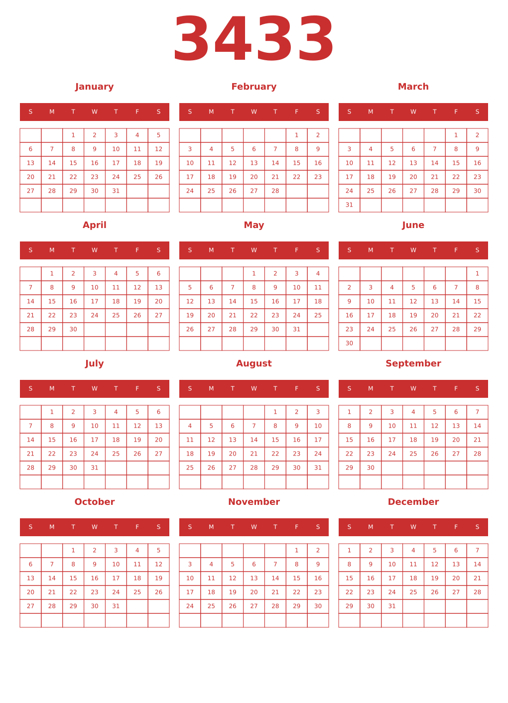 Printable 3433 Year Calendars red