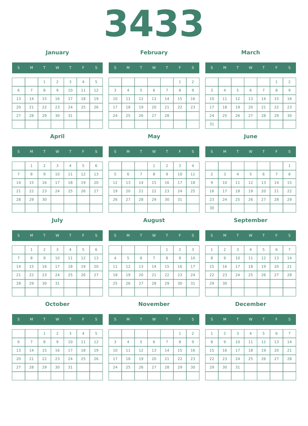 Printable 3433 Year Calendars viridian