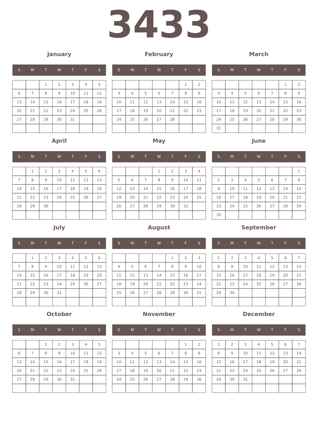 Printable 3433 Year Calendars wenge