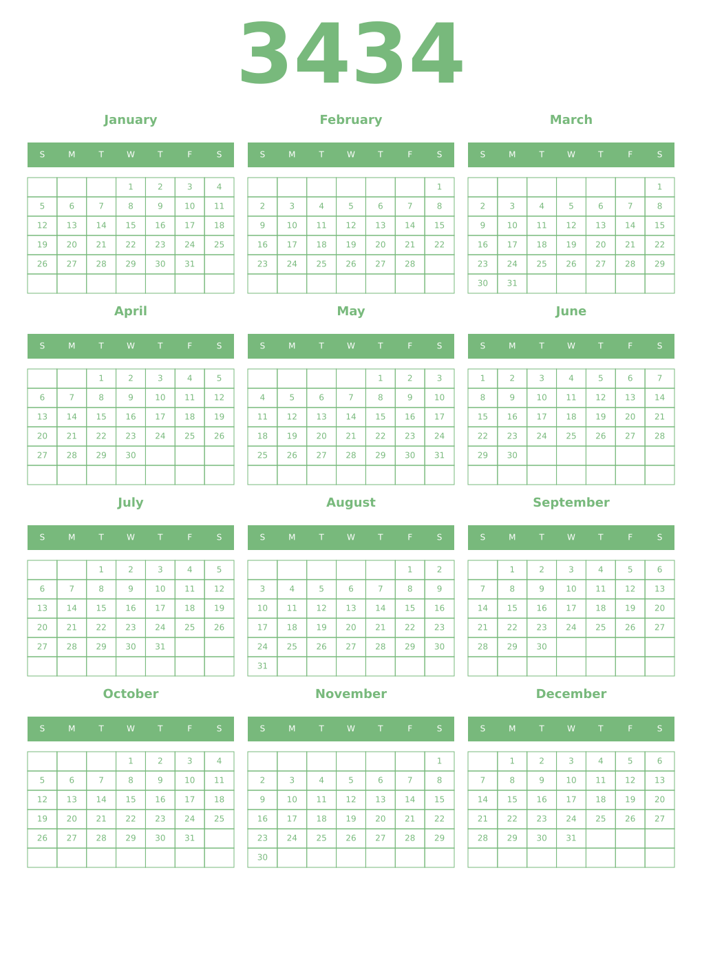 Printable 3434 Year Calendars celadon