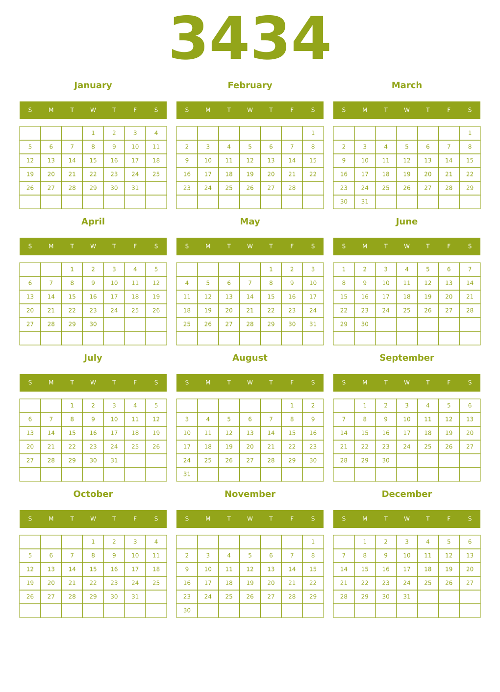 Printable 3434 Year Calendars chartreuse
