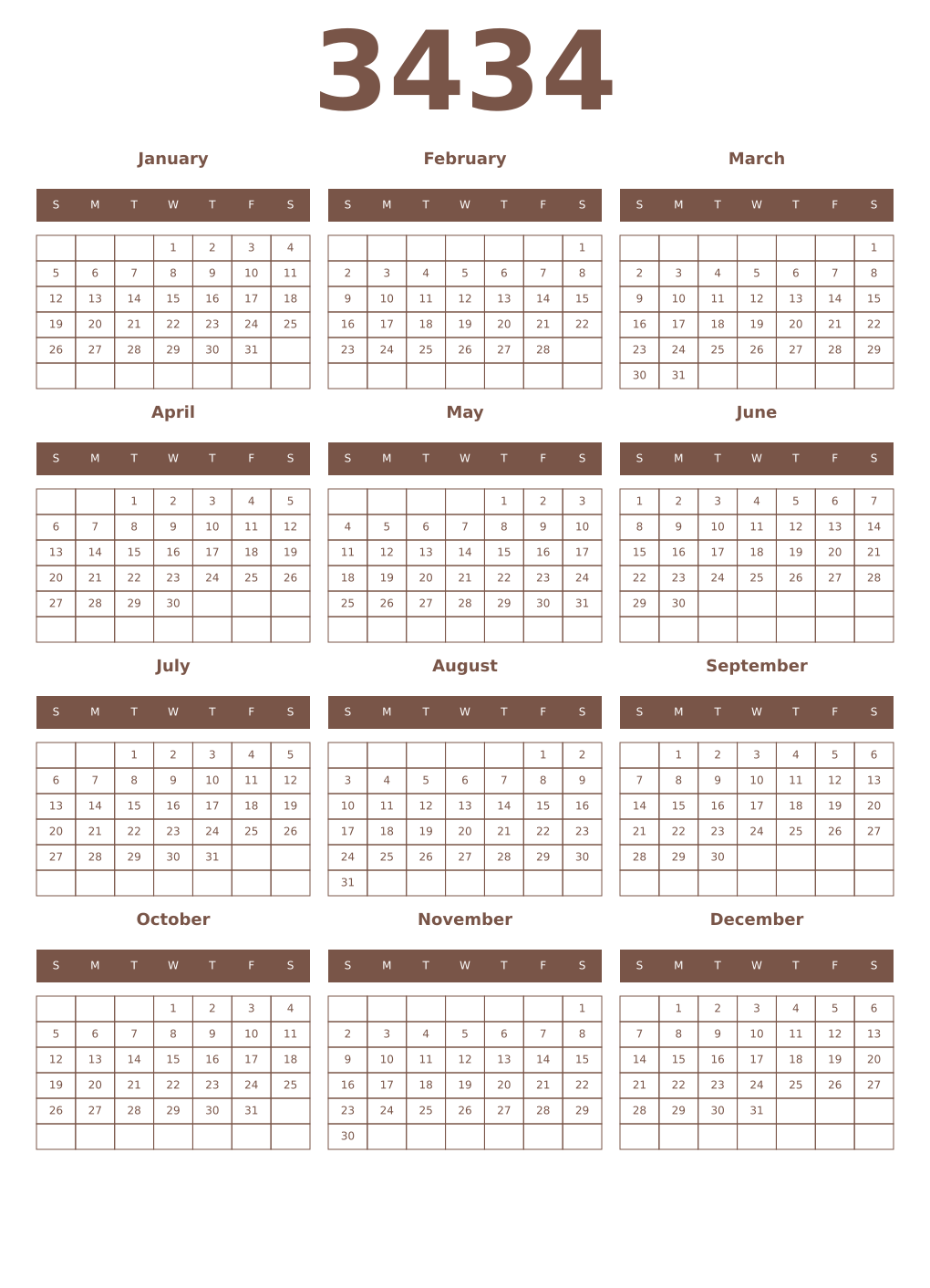 Printable 3434 Year Calendars coffe