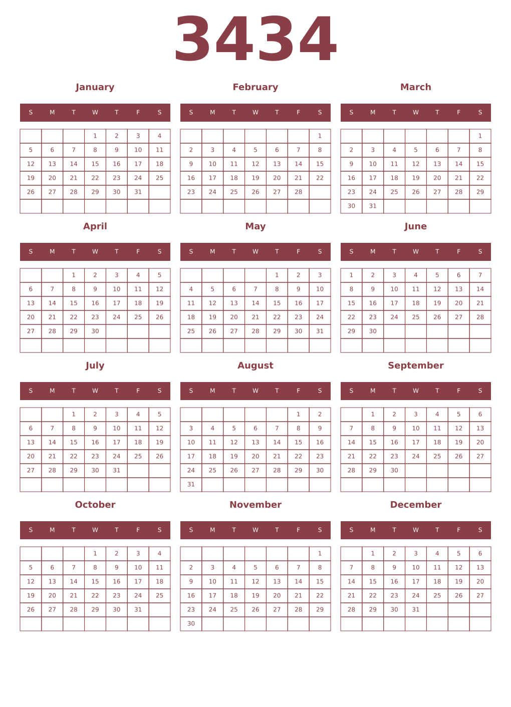 Printable 3434 Year Calendars cordovan