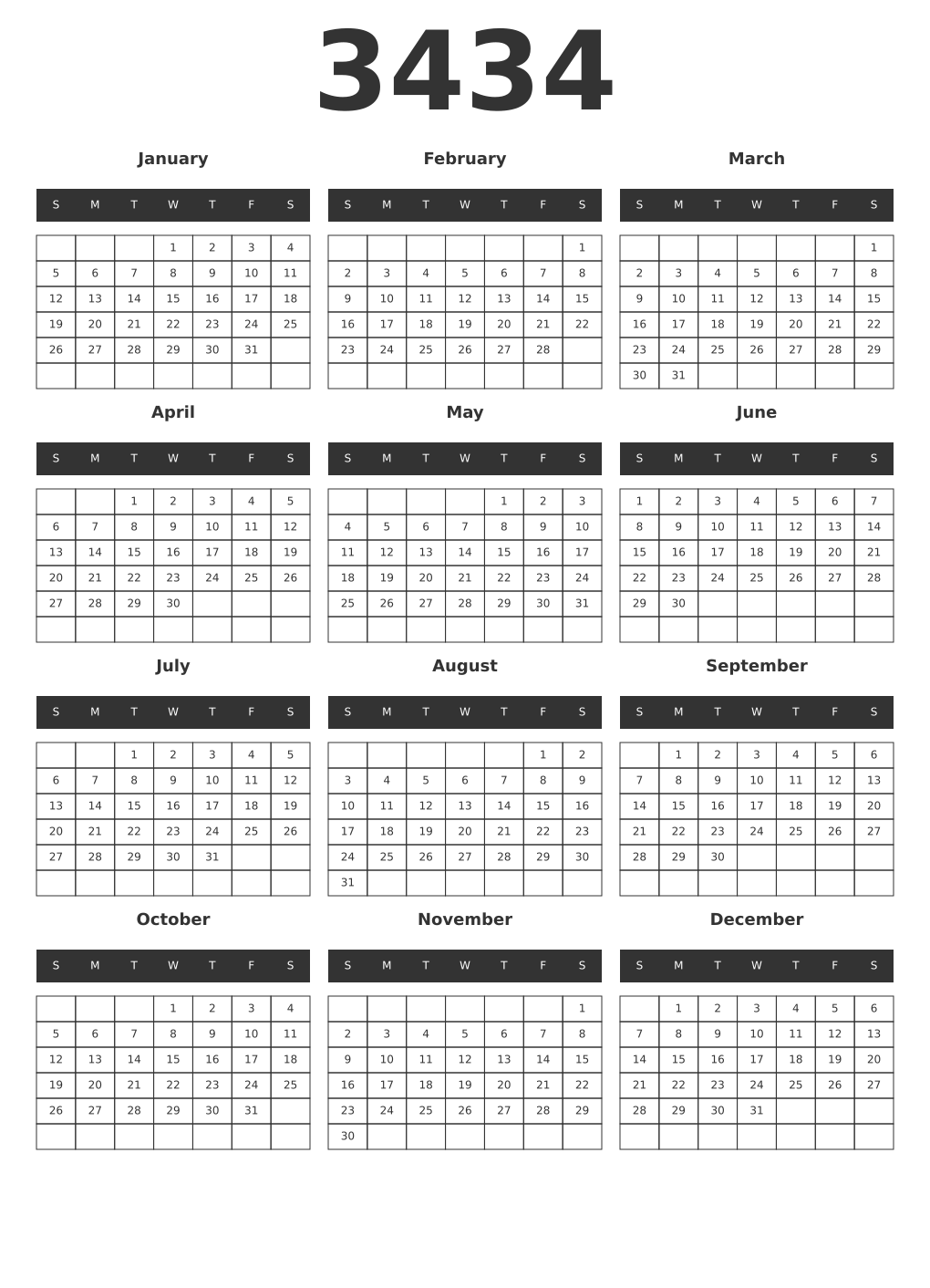 Printable 3434 Year Calendars dark