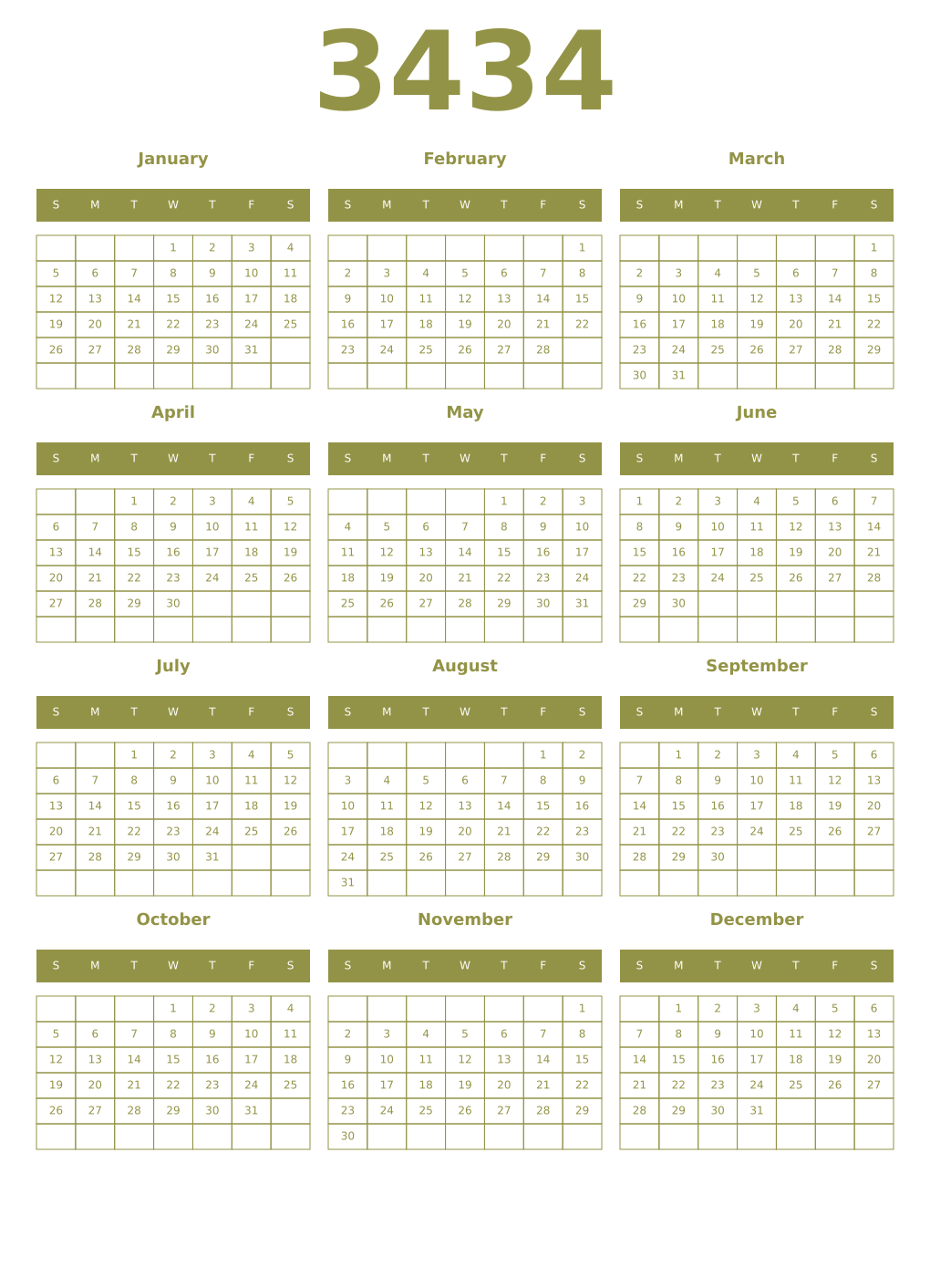 Printable 3434 Year Calendars eburnean