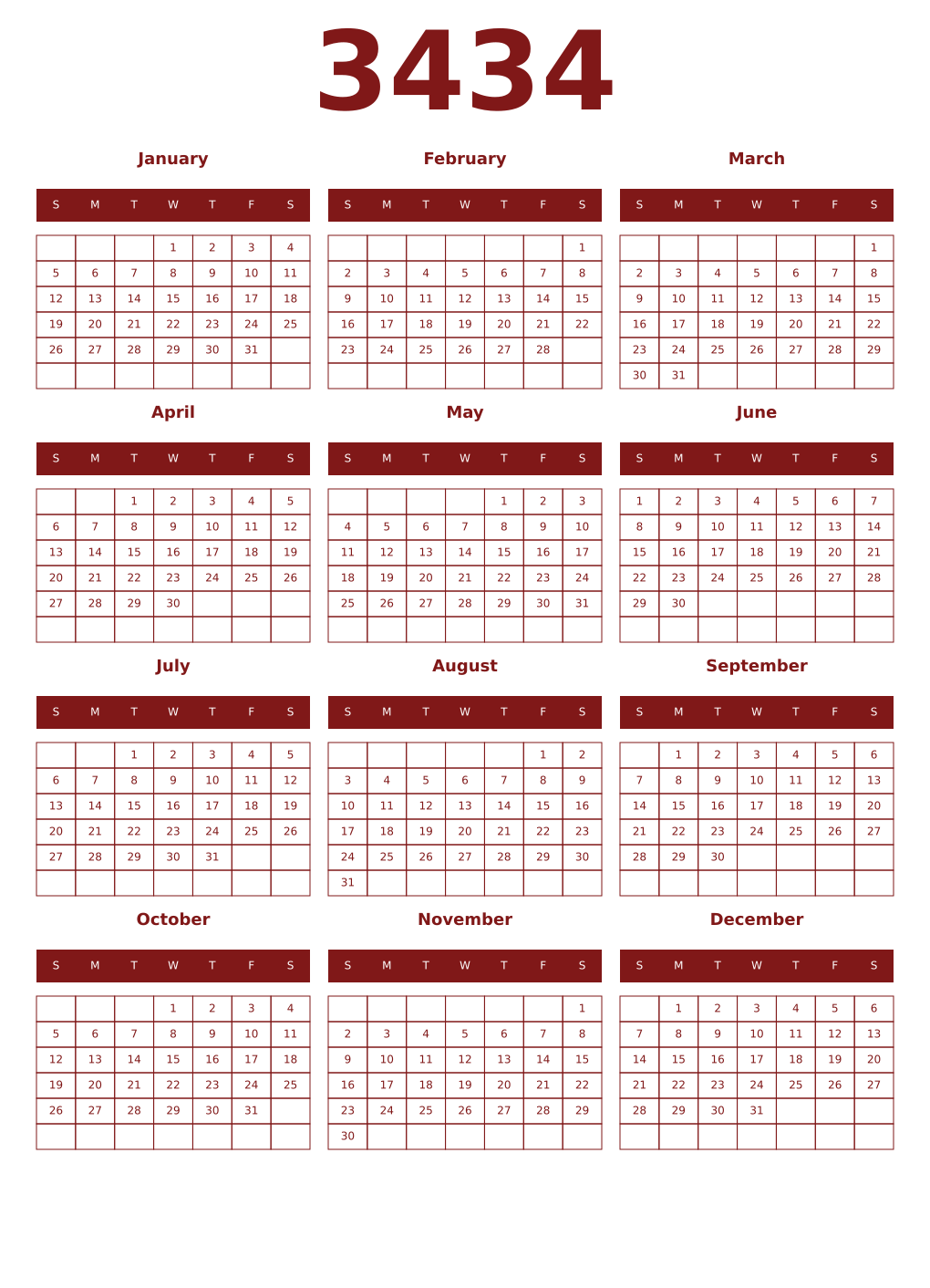 Printable 3434 Year Calendars falu