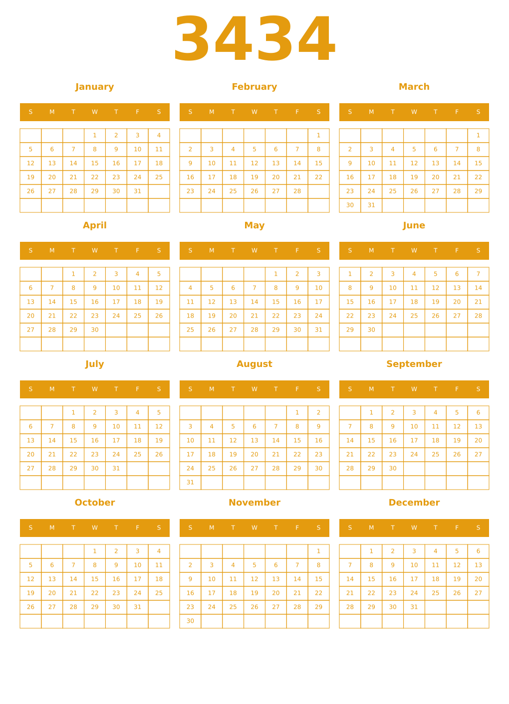 Printable 3434 Year Calendars gamboge