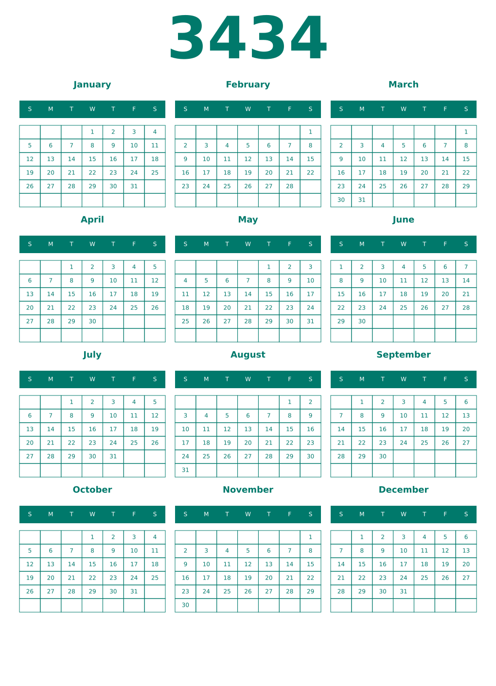 Printable 3434 Year Calendars pastel