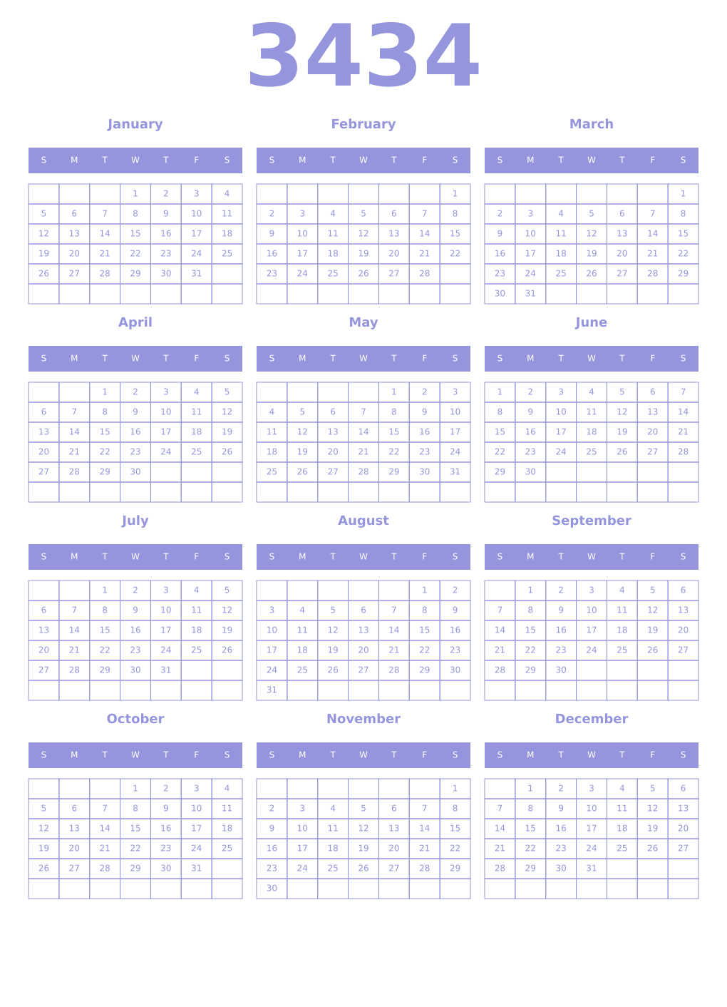 Printable 3434 Year Calendars periwinkle