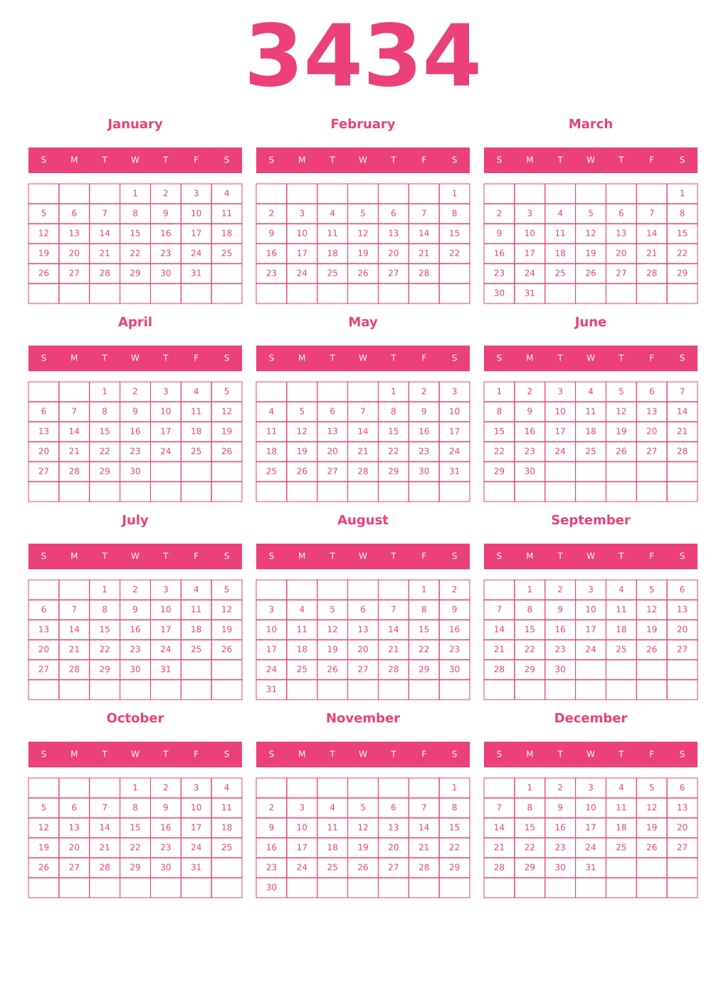 Printable 3434 Year Calendars pink