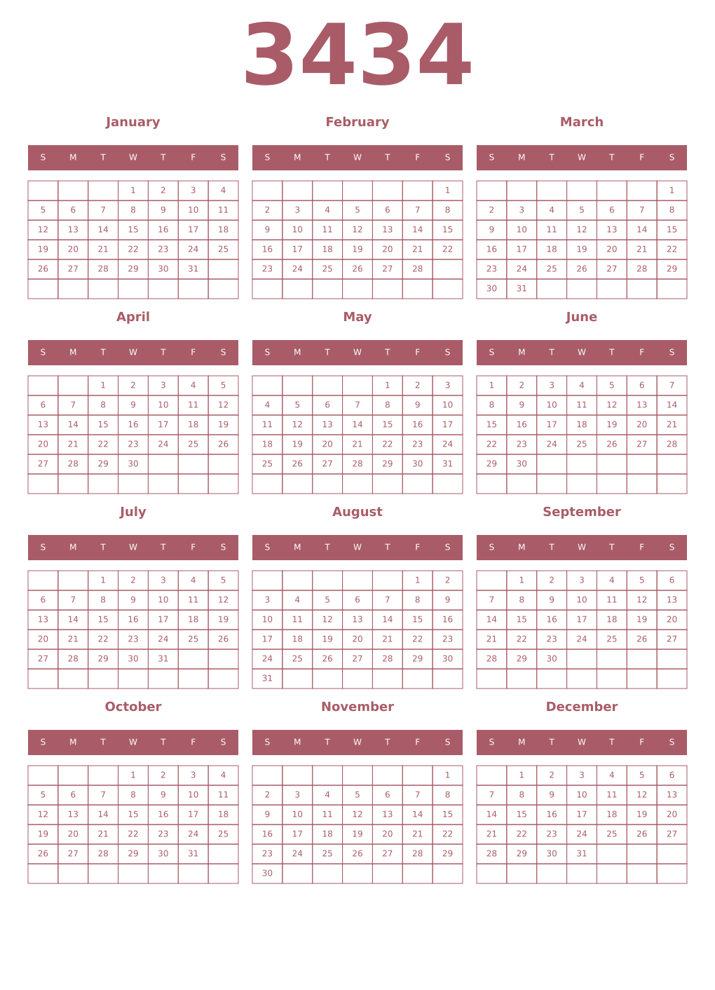 Printable 3434 Year Calendars puce