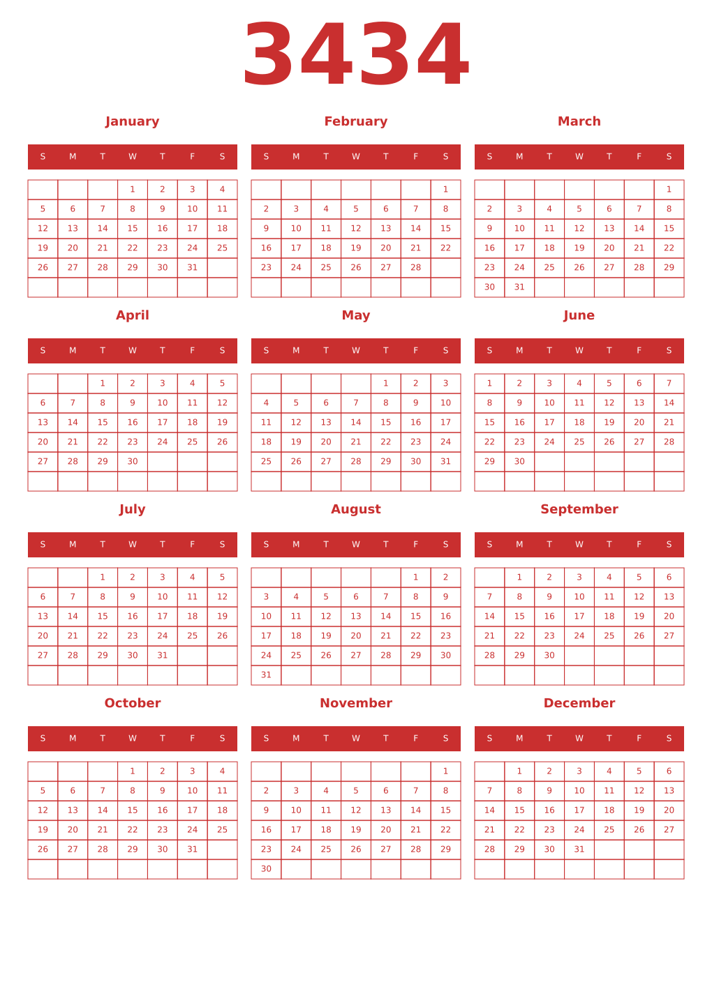 Printable 3434 Year Calendars red