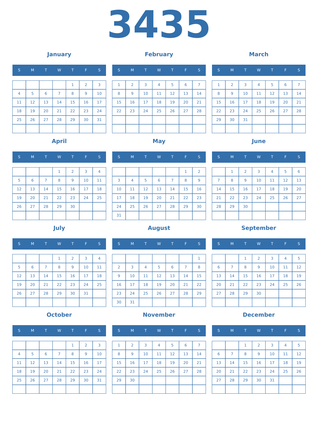 Printable 3435 Year Calendars blue