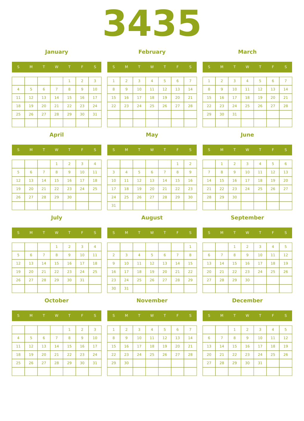 Printable 3435 Year Calendars chartreuse