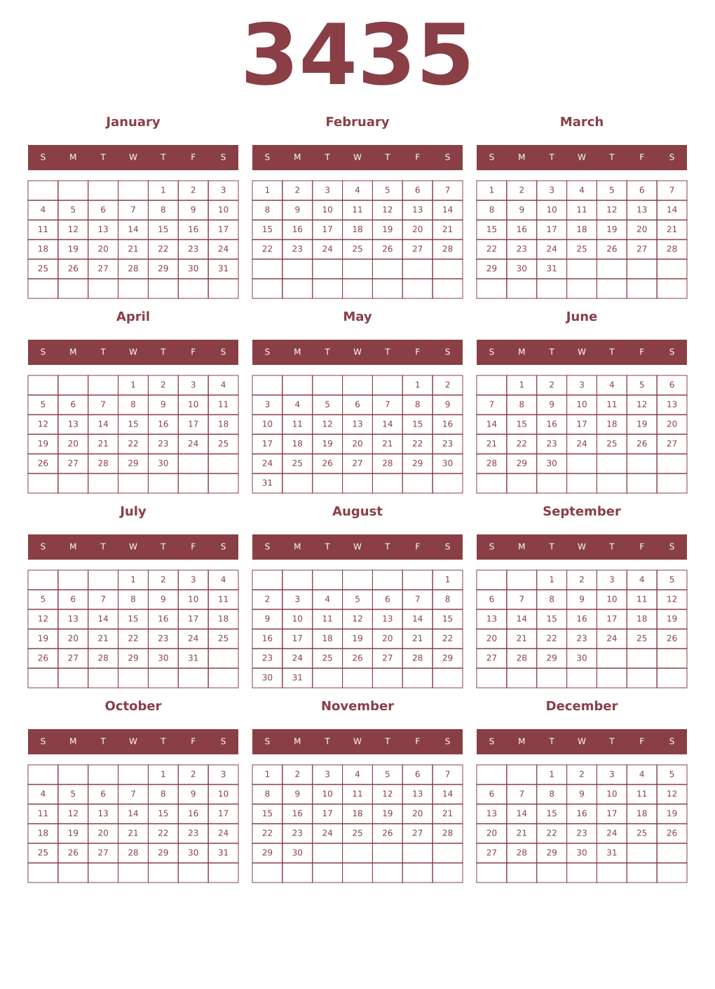 Printable 3435 Year Calendars cordovan