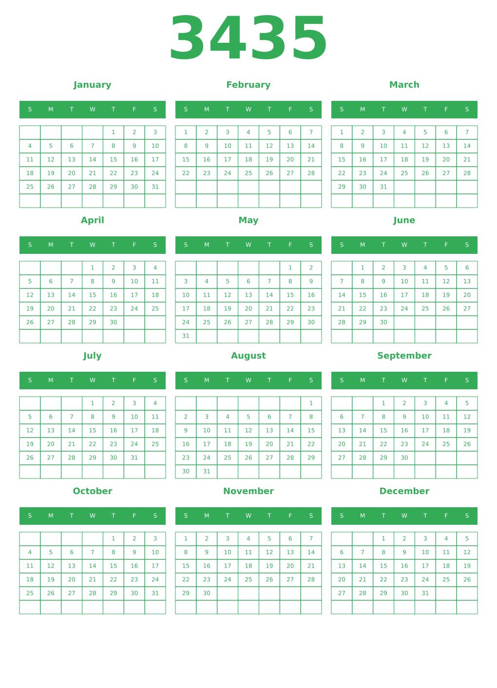 Printable 3435 Year Calendars green
