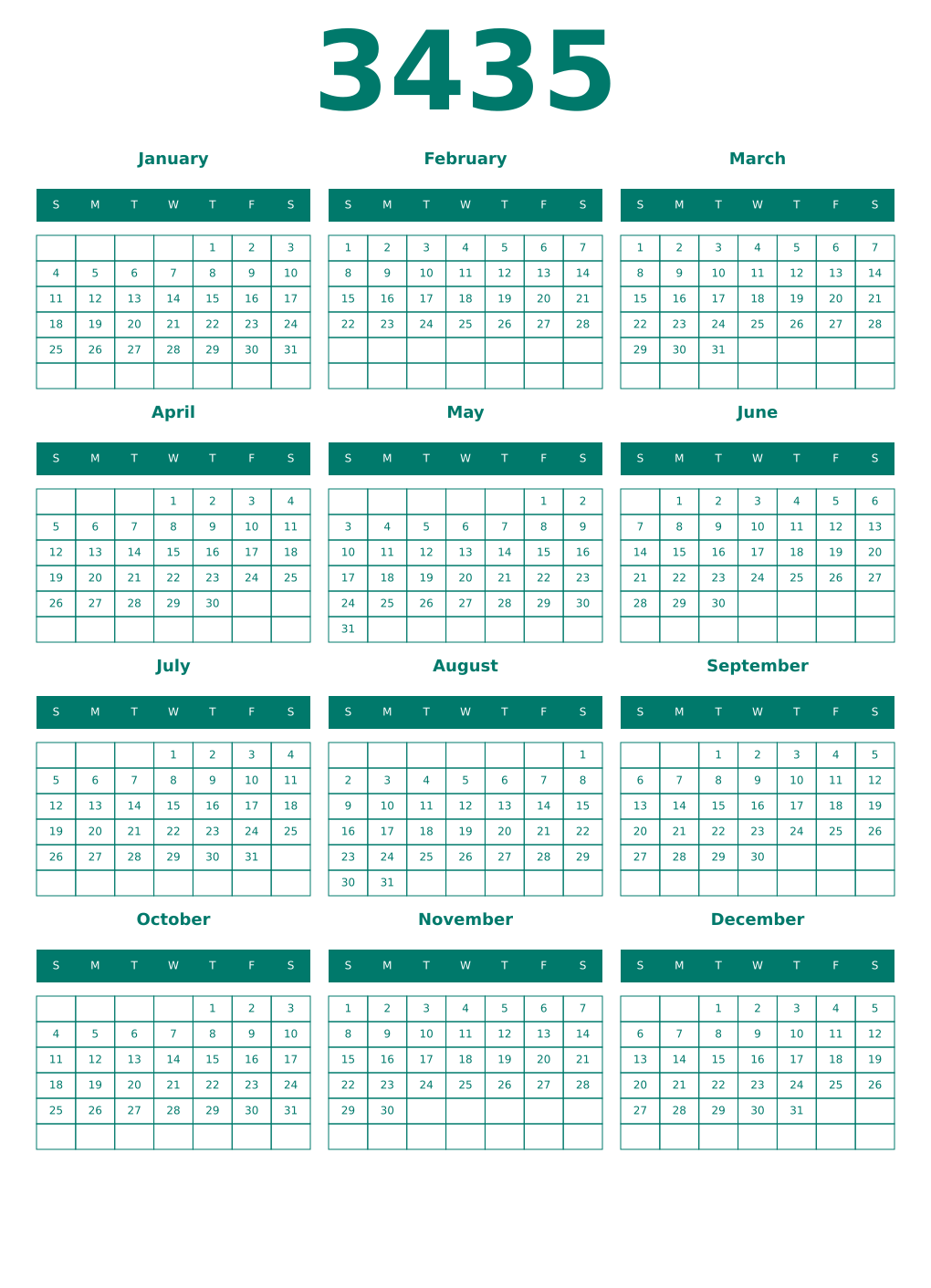 Printable 3435 Year Calendars pastel