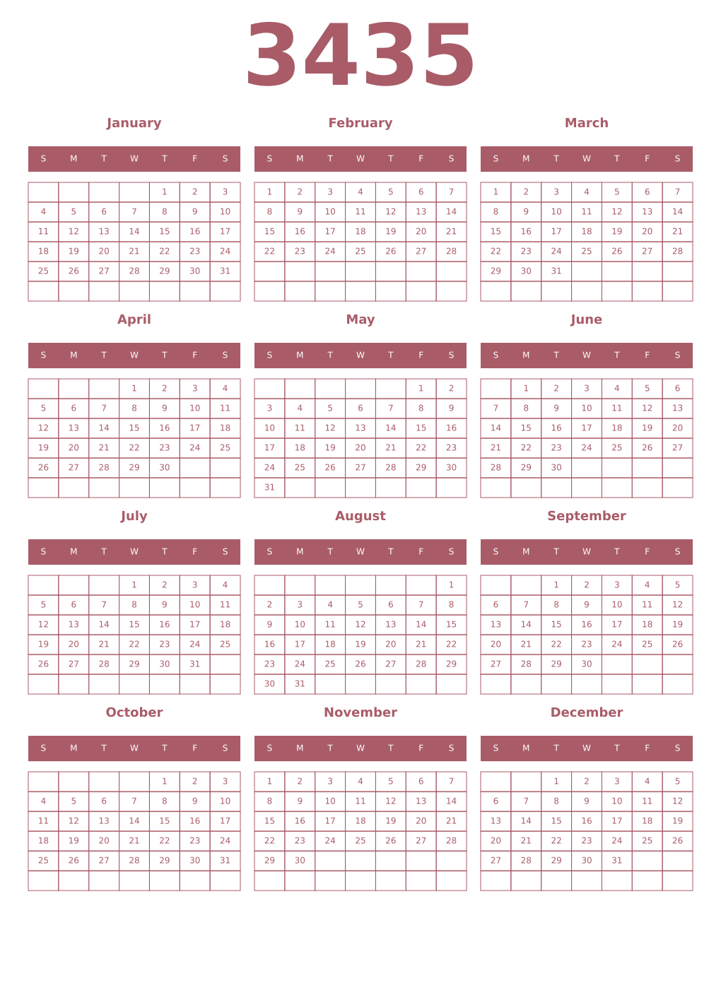 Printable 3435 Year Calendars puce