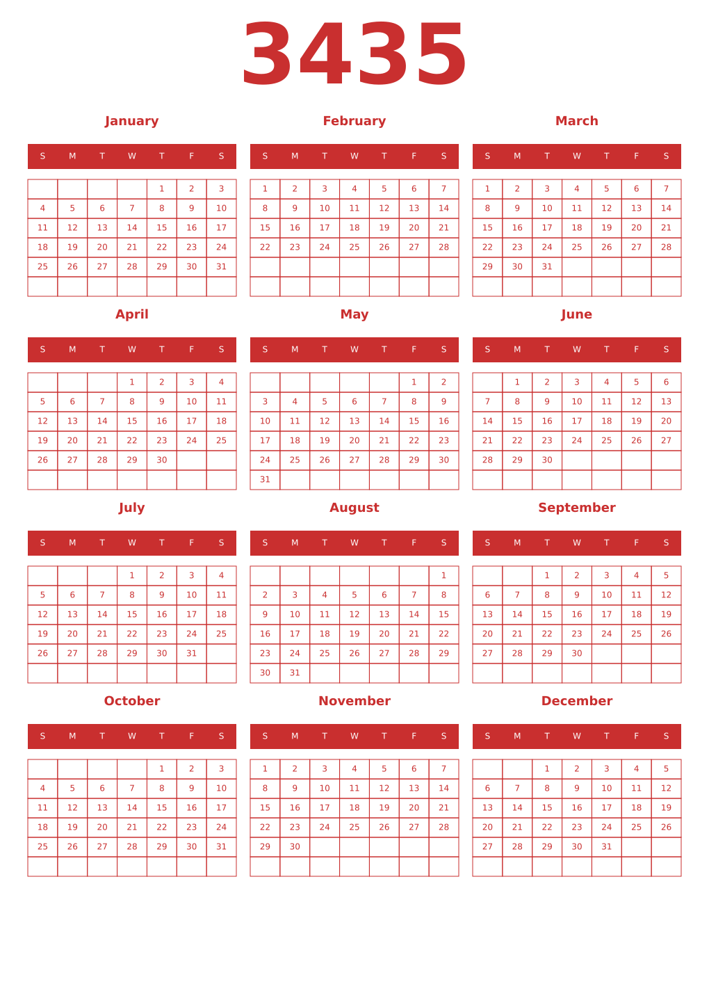 Printable 3435 Year Calendars red