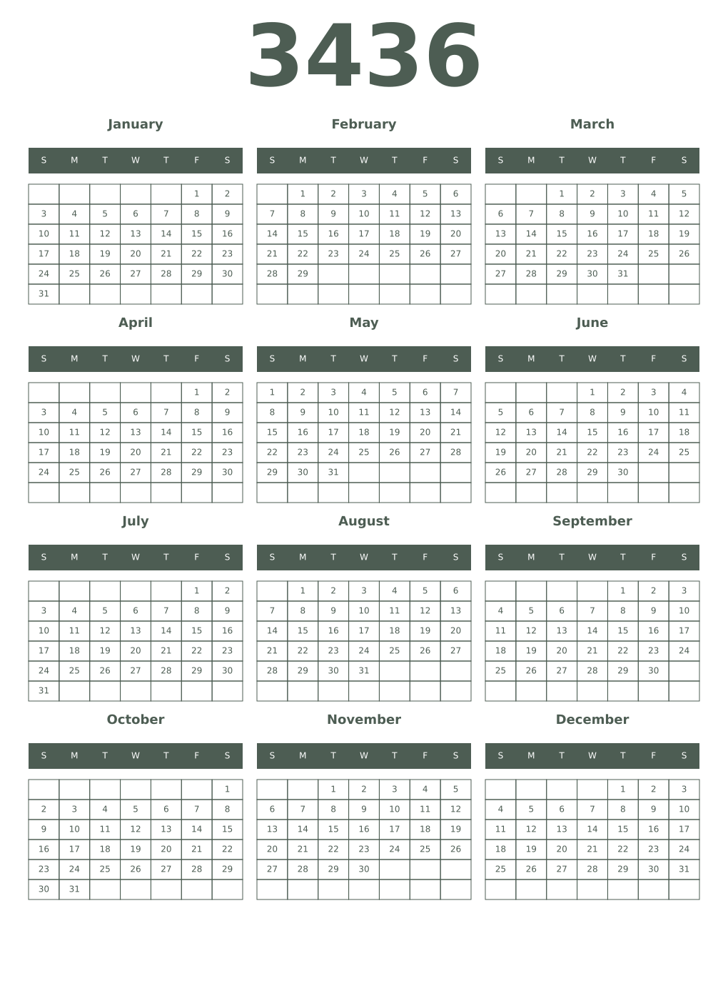 Printable 3436 Year Calendars feldgrau
