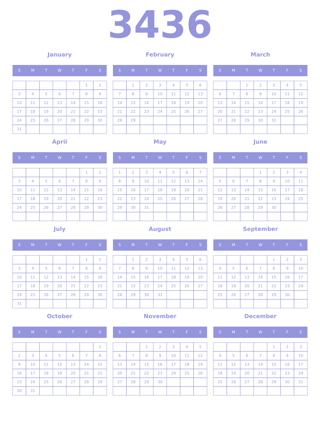 Printable 3436 Year Calendars periwinkle