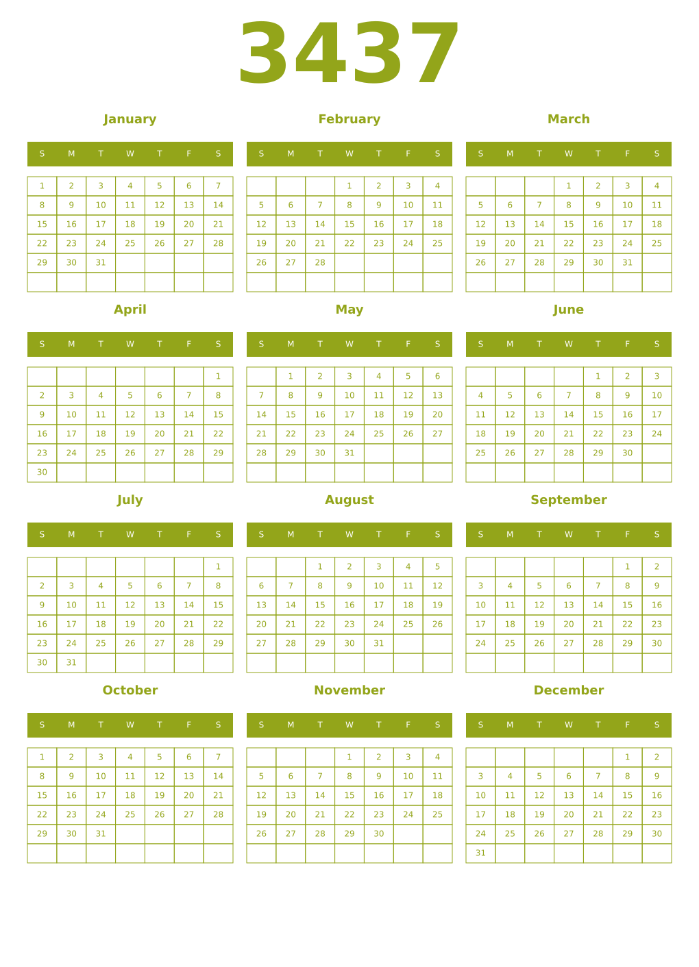 Printable 3437 Year Calendars chartreuse