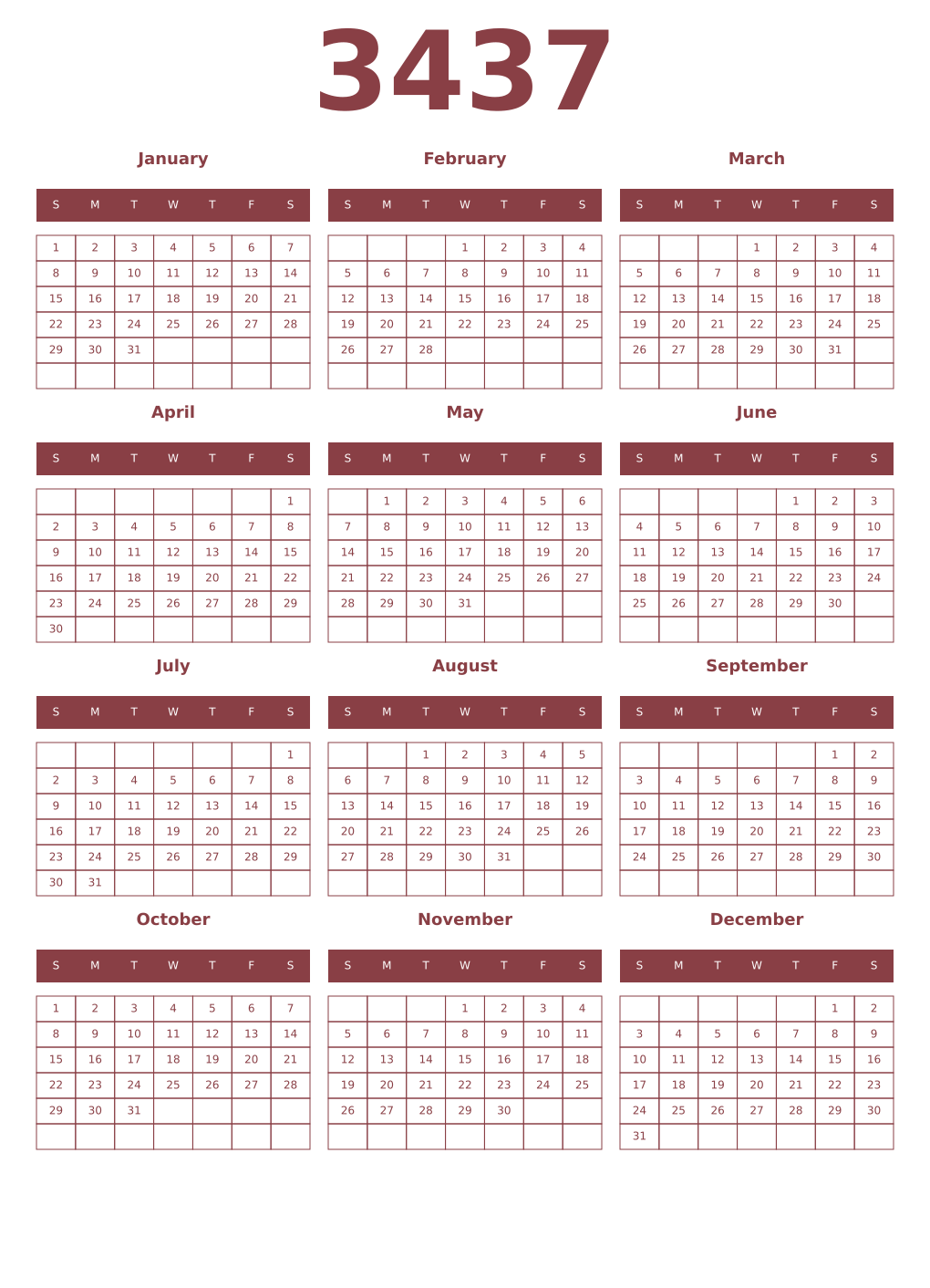 Printable 3437 Year Calendars cordovan
