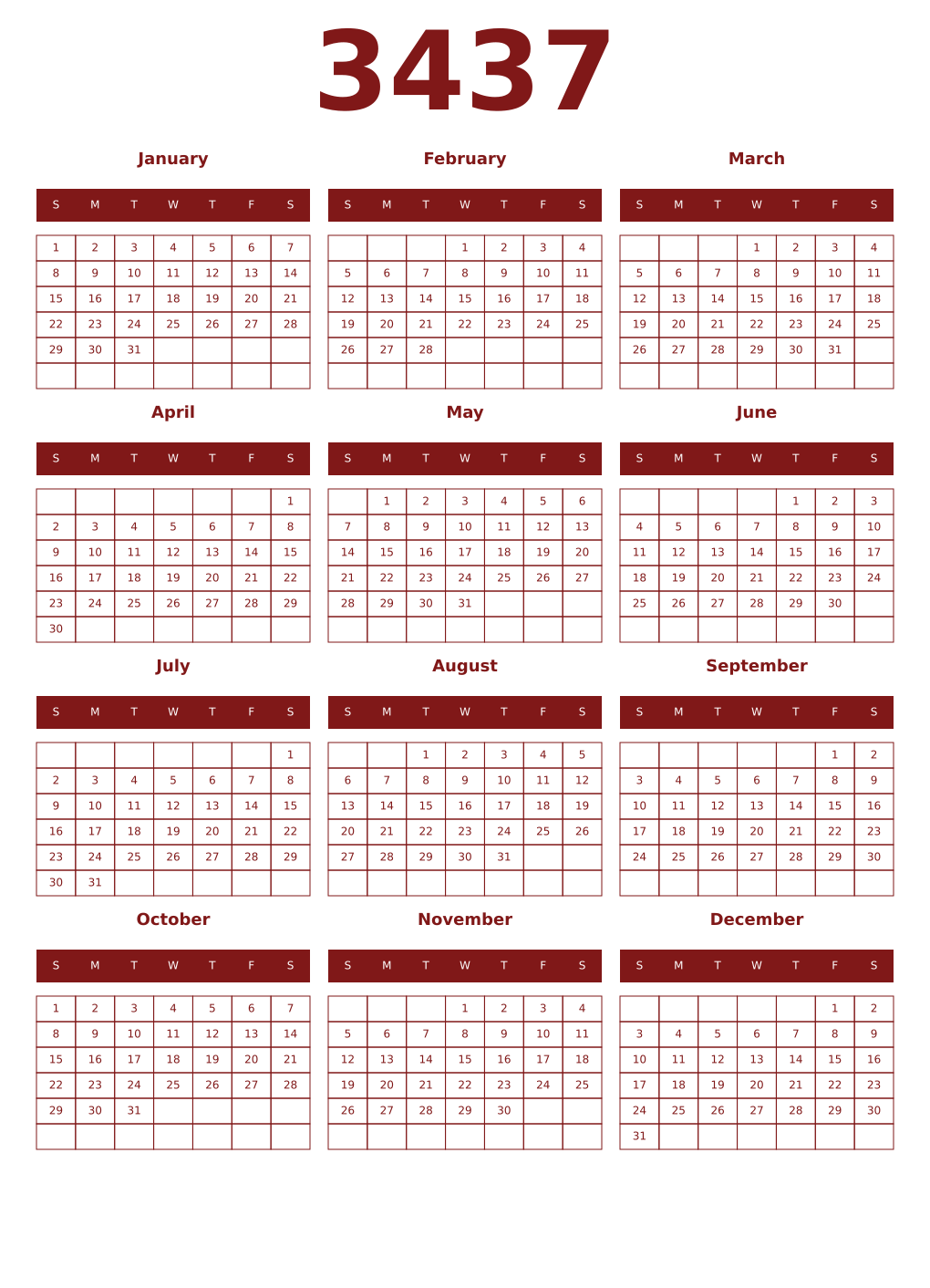 Printable 3437 Year Calendars falu