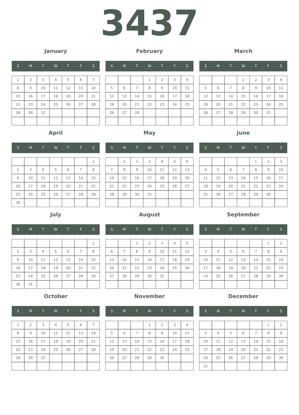 Printable 3437 Year Calendars feldgrau