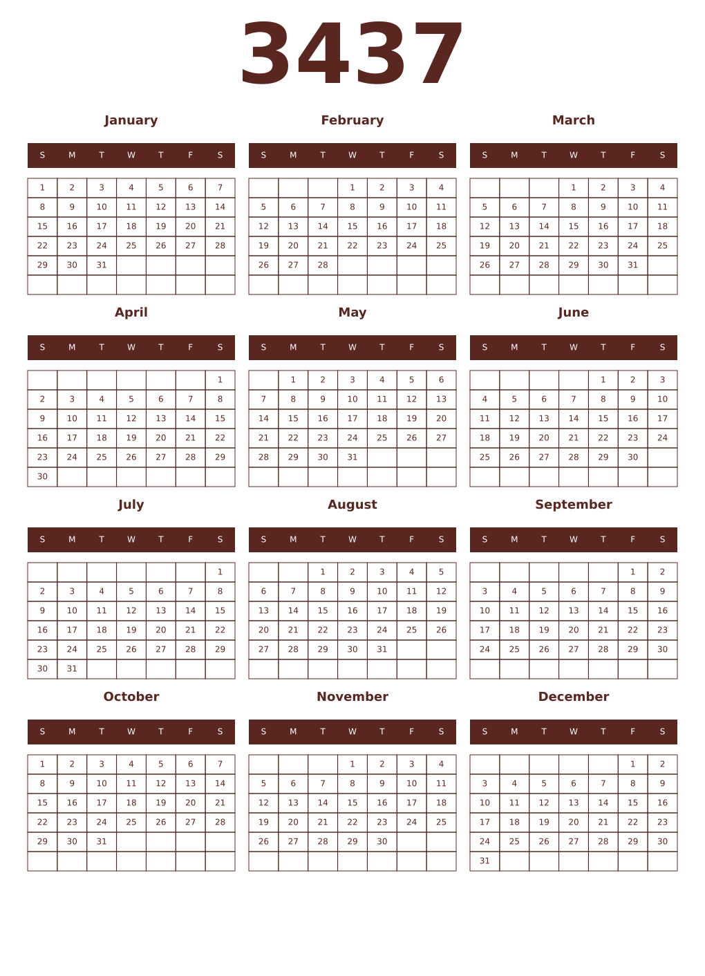Printable 3437 Year Calendars mortuum