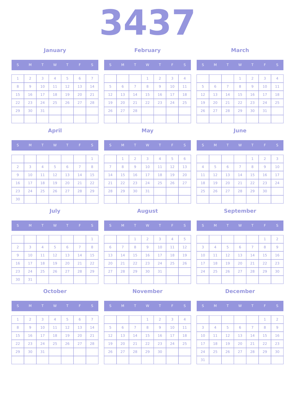 Printable 3437 Year Calendars periwinkle