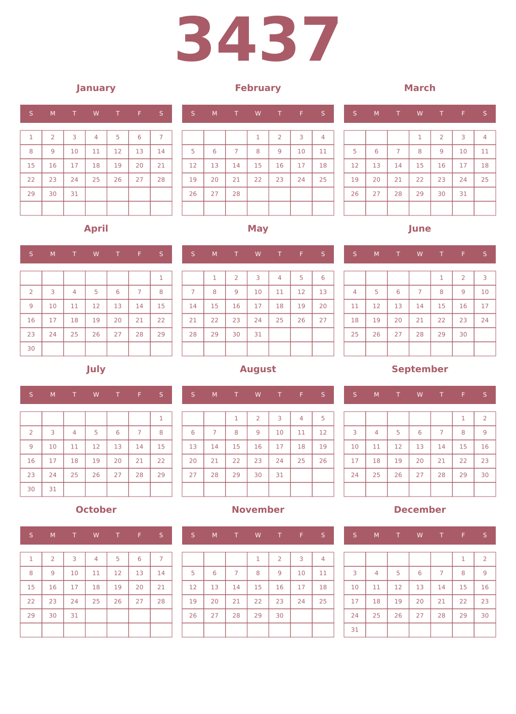 Printable 3437 Year Calendars puce