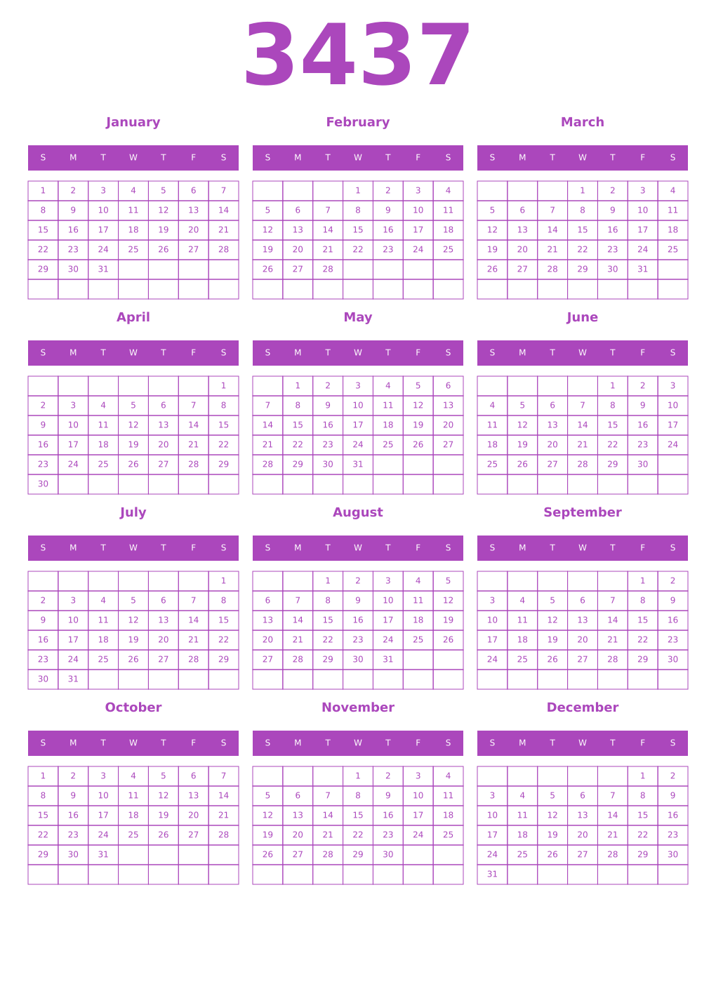 Printable 3437 Year Calendars purple