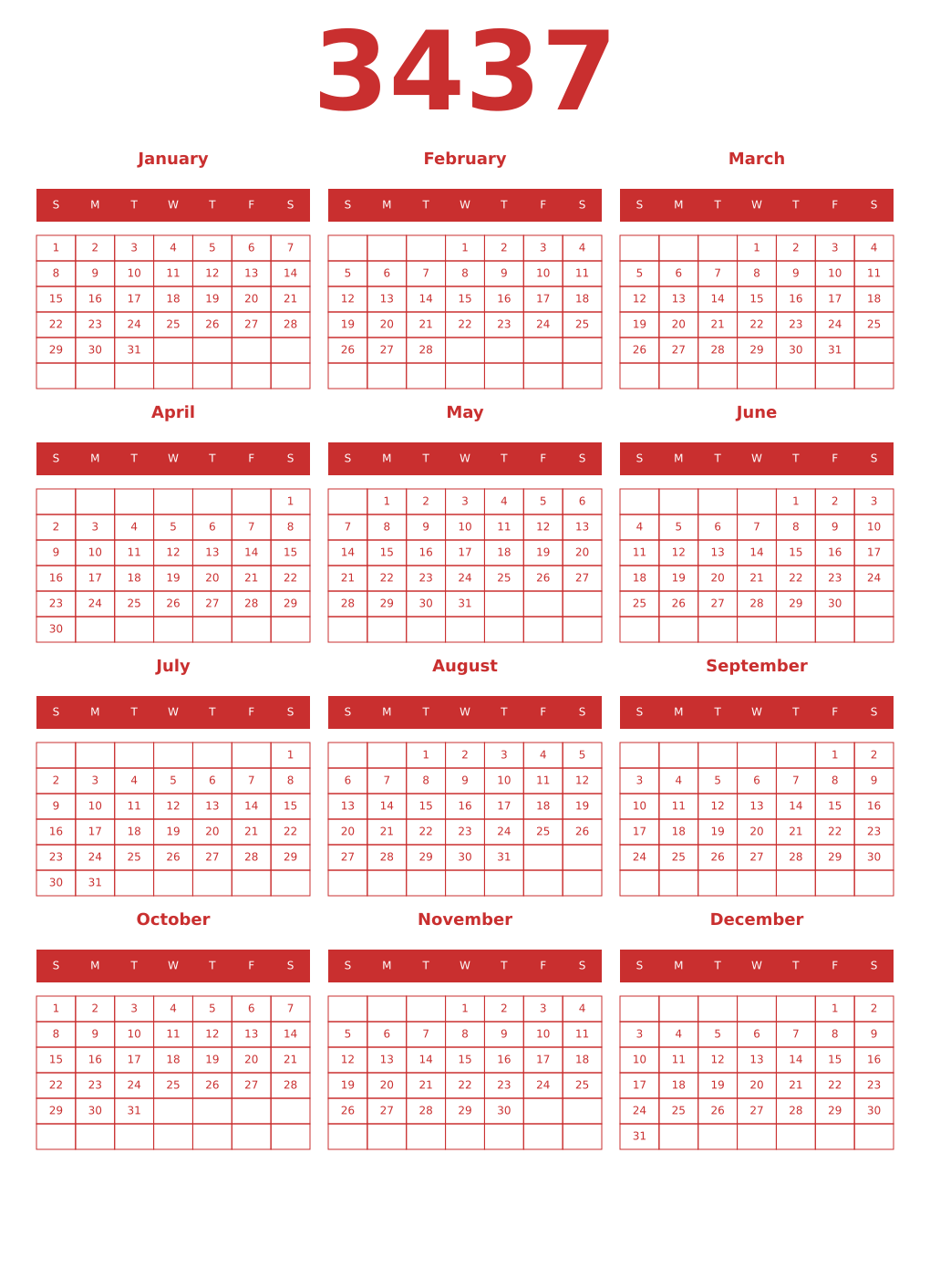Printable 3437 Year Calendars red
