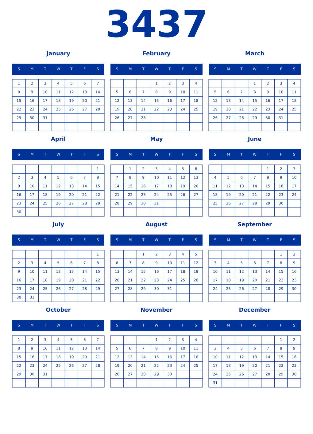 Printable 3437 Year Calendars smalt