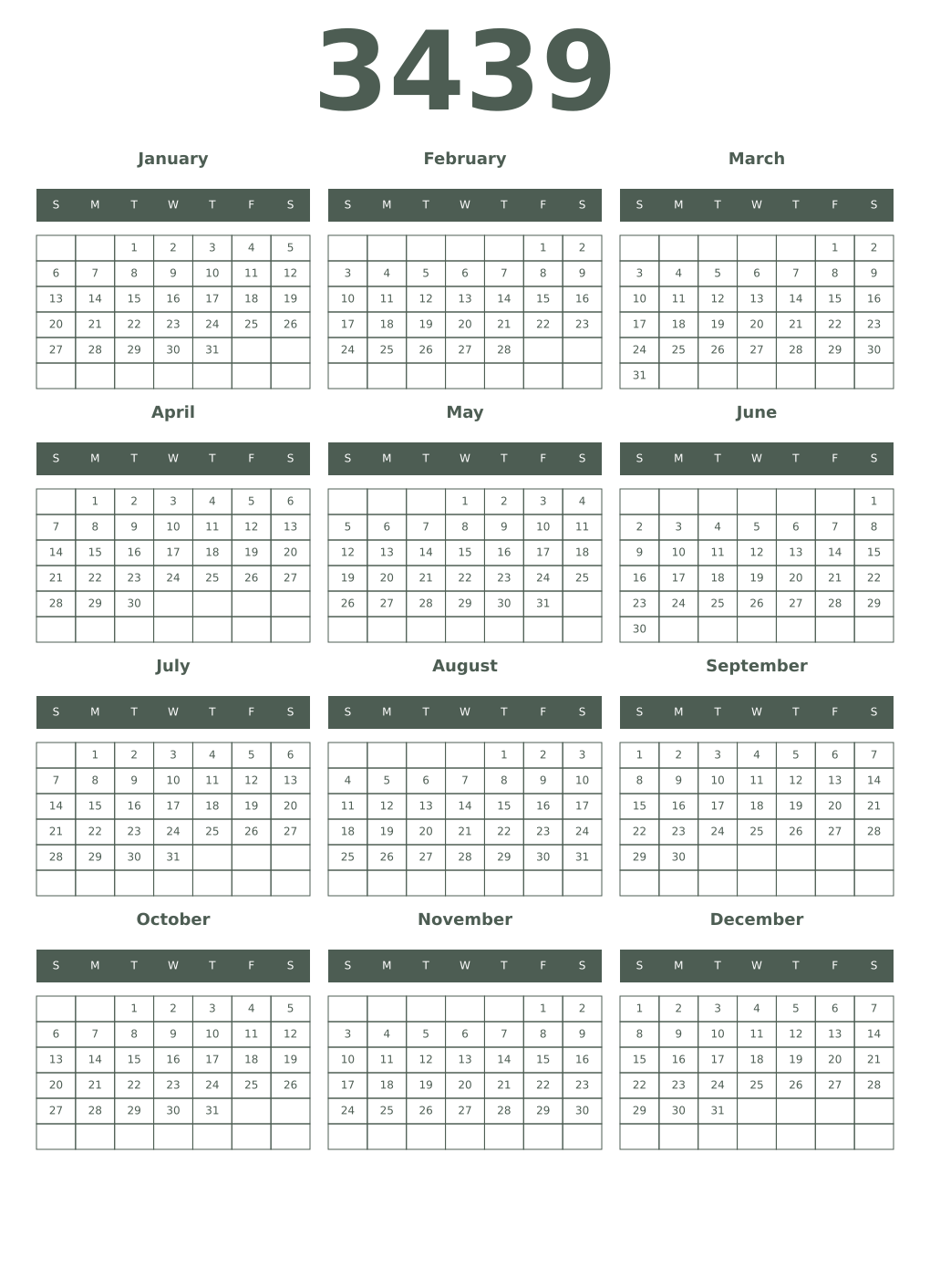 Printable 3439 Year Calendars feldgrau
